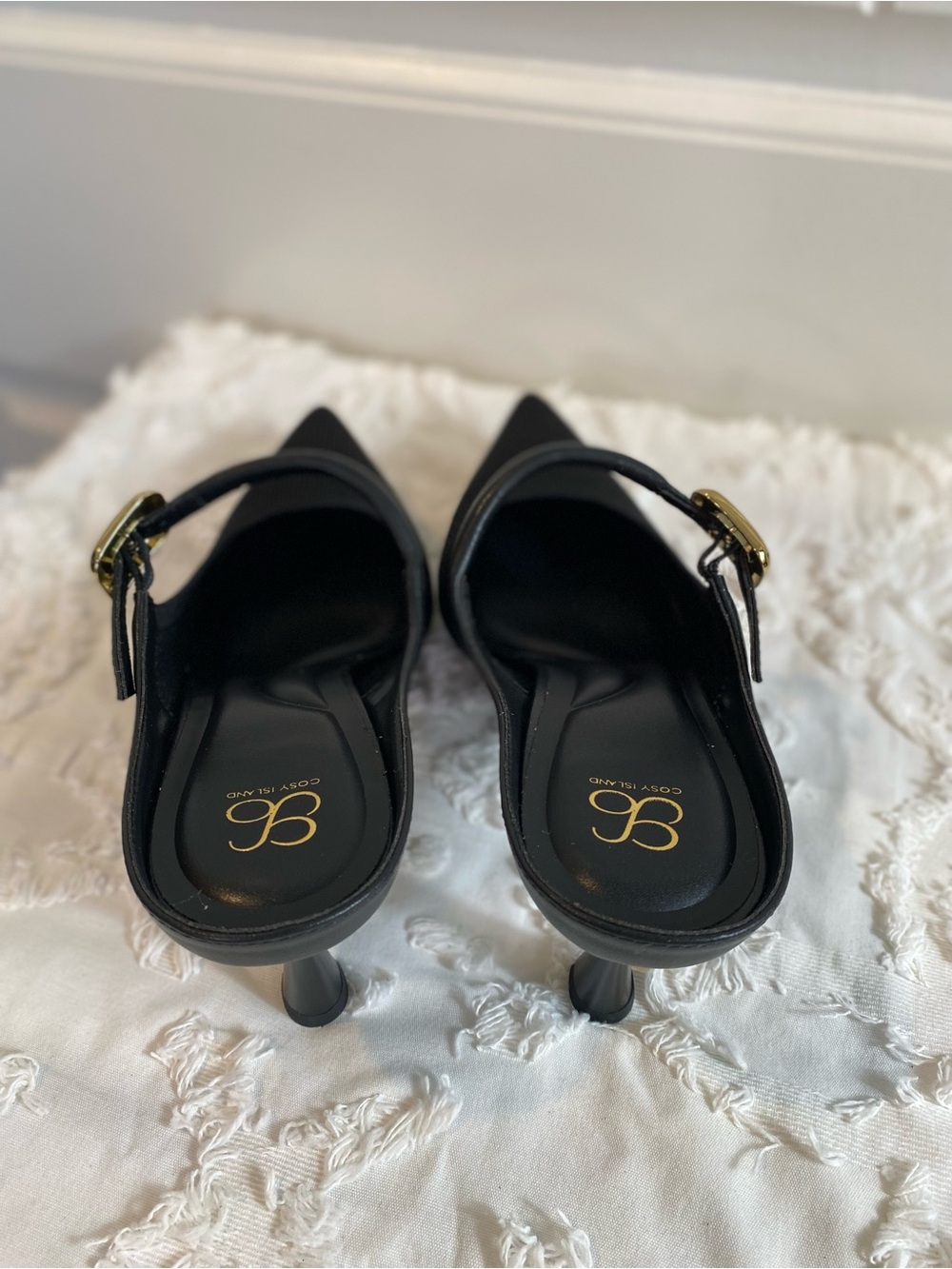 New!  Black Pointed Slingback Heels with Gold Buckle Accent - Picture 6 of 10
